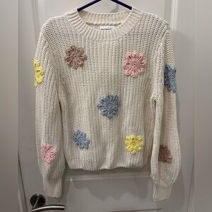 NWT Willow & Wind cream Knit Sweater with crochet 3D flowers - S